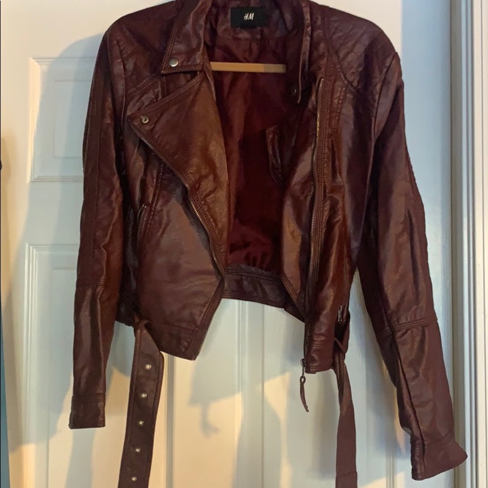 Faux leather racer jacket with belt- Maroon